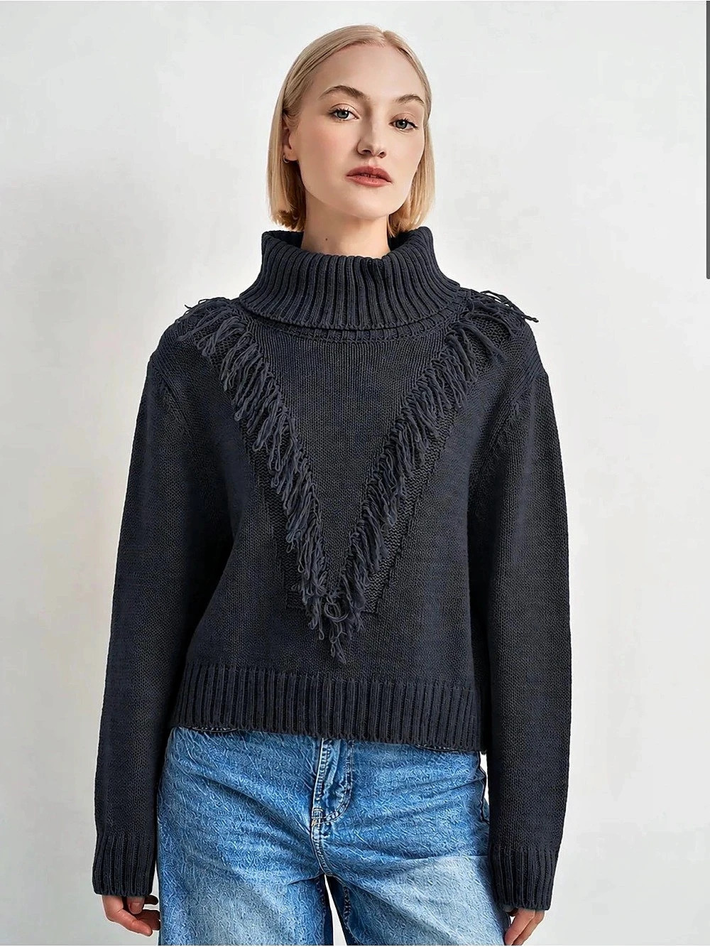 ASTRID Black Turtleneck Fringe Sweater